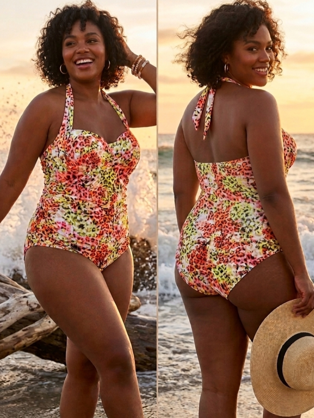 Cacique Neon Leopard Halter One-Piece Under Wire - Pink, Orange, Yellow, Green